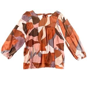 DR2 Abstract Print Tie Back Blouse Boho Peasant Top Balloon Sleeve Rust Blush L